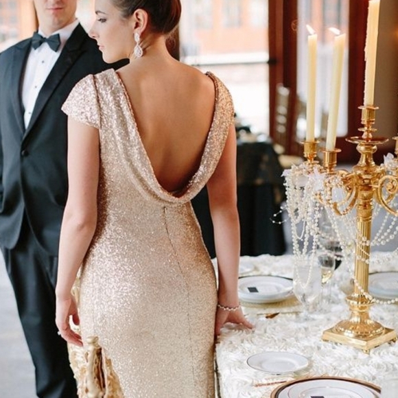 Sorella Vita SV Gold Sequin Dress Low Back Size 10 Gorgeous Gown Bridal Prom - Picture 2 of 16